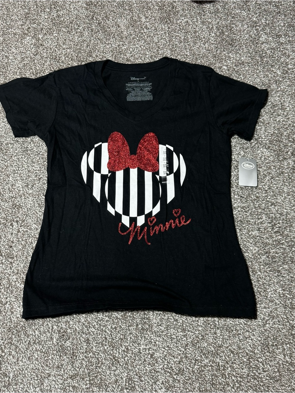 Disney Black Tee with White Striped Minnie and Red Glitter Bow